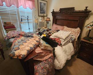 Antique 3/4 bed, floor lamps, quilts, linens, Pottery barn comforter and shams