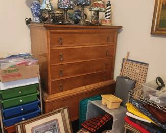 Highboy dresser, fabric wall decor, small lamps, craft storage