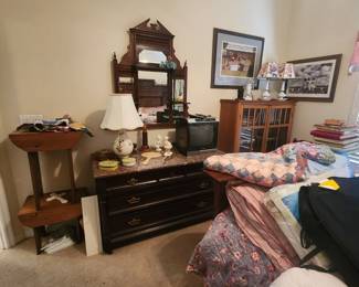 Bedroom view - antique marble top dresser, linens, art
