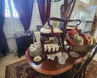 Dining room view Queen Anne table and chairs, linens, cut glass, Johnson Brothers Friendly Village
