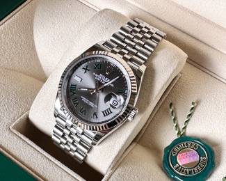 2022 - Rolex 36mm Datejust Jubilee Bracelet White Gold Bezel Wimbledon Dial - NEVER WORN - Box, Papers, Card