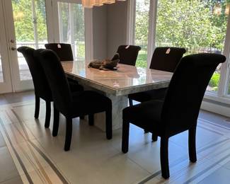 CARRARA MARBLE DINING TABLE AND SET OF 8 BLACK CHAIRS