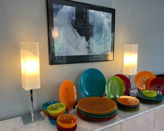 COLORFUL DINNERWARE, CONSOLE LIGHTING, ARTWORKS