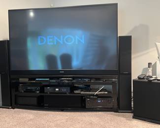 84" DIAGONAL MITSUBISHI BIG SCREEN TV ON BLACK TEMPERED GLASS BASE 