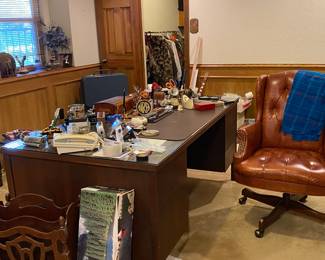 Large 1982 Wood desk with glass top and Leather wing back office chair