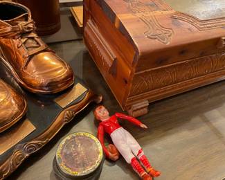 Cedar box, Antique Doll, Bronze baby shoes