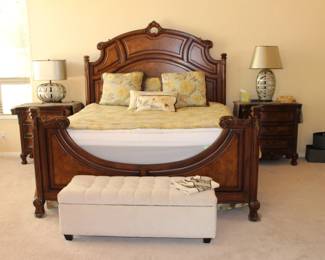 Gorgeous King size bed with frame and matching nightstands and dresser - the mattress is like new too!