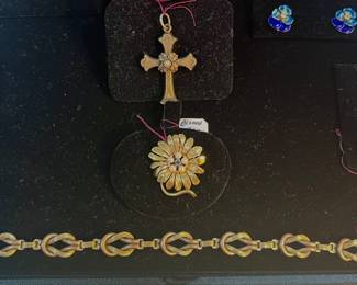Gold Cross & Floral Pearl Brooch