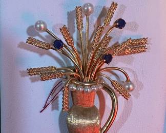 14k Gold Pearl Sapphire Urn Floral Basket Brooch
