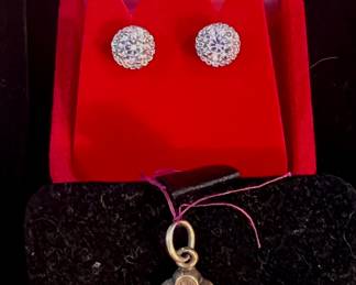 14ktGold Rope Chain + CZ earrings & Gold Georgian Victorian Cross
