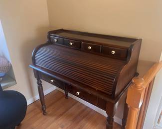 Ethan Allen Old Tavern rolltop pine wood desk. 40 wide by 21.5 deep by 43.5 high. Available for pre-sale. Call 973-412-5750.