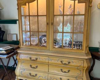 Drexel-French Provincial Painted Cina Cabinet--canary yellow. 2 pieces,  for moving. 84 high by 66 wide by 15 deep.  Perfect condition. Lighted.  Available for pre-sale. 