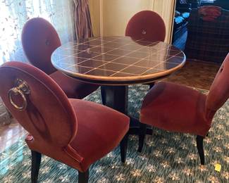 MARQUETRY PEDESTAL GAME TABLE(HAS DAMAGE ON TOP) 4 COOL VELVET CHAIRS