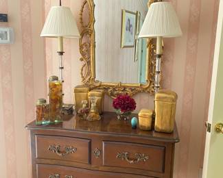 BAKER BEDROOM FURNITURE CHEST ON LEGS    GORGEOUS GOLD MIRROR AND PAIR OF GLASS BAMBOO LAMPS BY CHAPMAN($$$$)!