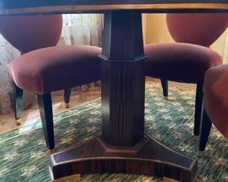 MARQUETRY PEDESTAL GAME TABLE(HAS DAMAGE ON TOP) 4 COOL VELVET CHAIRS