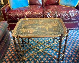 TOOLED LEATHER TOP TRAY TABLE W/BAMBOO STYLE BASE