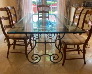 GLASS AND METAL KITCHEN TABLE W/6 WOODEN CHAIRS W/RUSH SETS