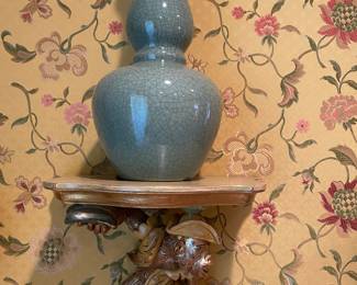 PAIR OF CHINESE CELEDON VASES, PAIR OF MONKEY SHELVES