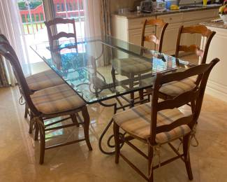 GLASS AND METAL KITCHEN TABLE W/6 WOODEN CHAIRS W/RUSH SETS
