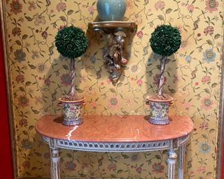 PAIR FRENCH MARBLE TOP DEMILUNE TABLE, PAIR OF TOPIARIES IN CHINESE POTS, PAIR OF CHINESE CELEDON VASES, PAIR OF MONKEY SHELVES