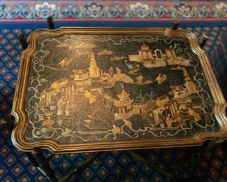 TOOLED LEATHER TOP TRAY TABLE W/BAMBOO STYLE BASE