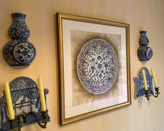 PAIR OF MAITLAND SMITH WALL VASES.                    
PAIR OF BLUE AND WHITE CANDLEHOLDERS AND PRINT