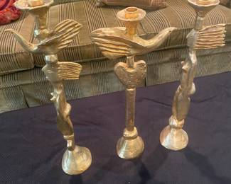TRIO OF PIERRE CASENOVE GILT BRONZE FIGURAL CANDLESTICKS