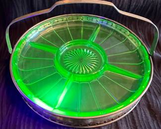 Uranium glass serving dish with silverplate holder