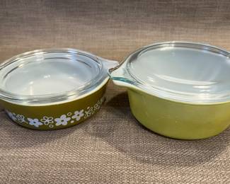 Pyrex "Spring Blossom" and olive green covered casseroles