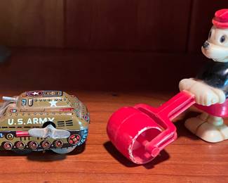 Small Tin Litho Wind-up Tank and Mickey Mouse Ramp Walker