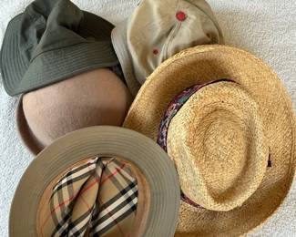 Collection Of Hats And Caps Including Burberry Fedora And Full Leather Cowboy Hat