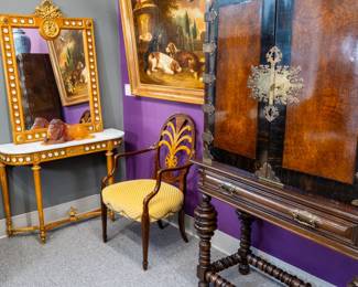 French Mirror & Marble Console w/ Gilt Mounts and Floral Plaques in the Sevres Manner