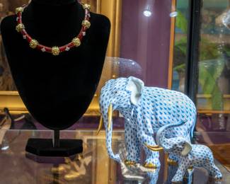 Mitchell Peck 18k Enamel & Diamond Necklace, Herend Fishnet Elephants