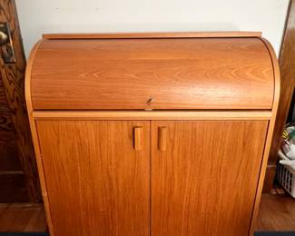 MCM Danish Teak Secretary Roll Top Desk with Key 