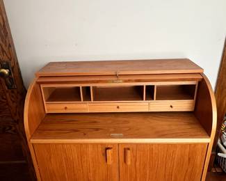 MCM Danish Teak Secretary Roll Top Desk with Key 