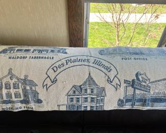Des Plaines Woven Blanket depicting staples of the town Des Plaines. Sugar Bowl, etc. 
