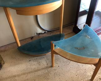 Blond wood table with Sea Blue Cast Glass 