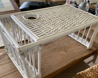 White wicker bed serving tray.