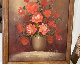 old flower painting with wood frame.