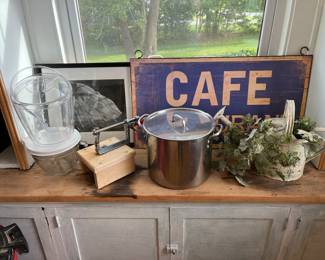 metal Cafe Restaurant sign, misc kitchenware,