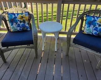 Plastic coated wicker chairs with cushions, round white   wicker table, 