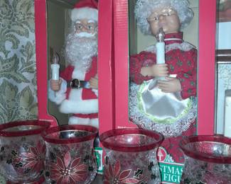 Christmas Animated Tabletop Dolls & Crackled Glass Votive Candle Holders