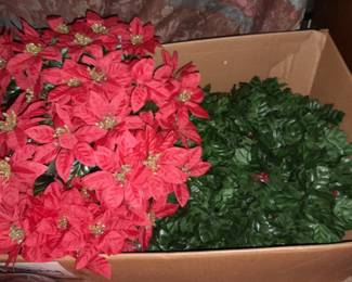Faux Christmas Holly Garland & Poinsettia Plants