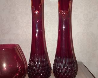 STUNNING Ruby Red Swung Glass Vase Set