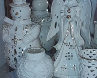 Lenox Pearl Snowman & Angel Figurines W/ Candle Votive Holders