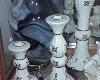 Lenox Pearl 3 Piece Candlestick Set & Lenox Black Swirl Glass Vase