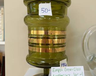 #194	Empoli green glass apothecary jar w/circus tent top and gold strip 10 inch tall	 $50.00 
