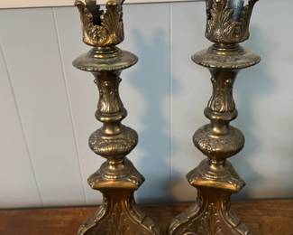 #120	Set of 2 heavy Ornate Brass Candle Holders - 17" Tall	 $45.00 
