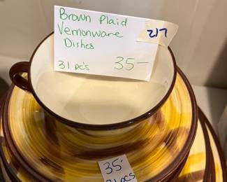 #217	Brown plaid Vemonware dishes 31 pc	 $35.00 
