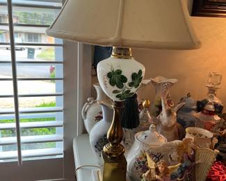#175	four leaf clover painted lamp with brass base 29 tall 	 $20.00 
